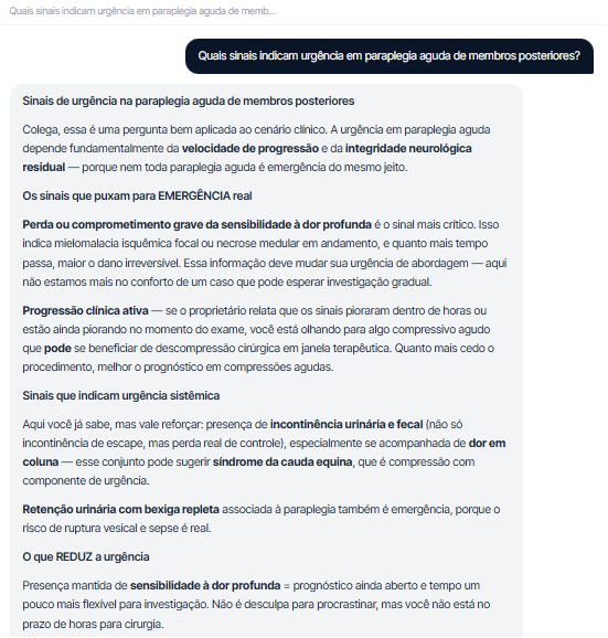 Resposta da assistente clínica Nala sobre sinais de urgência em paraplegia