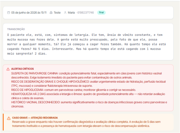 Prontuário SOAP com alertas clínicos gerado pelo VetDoc
