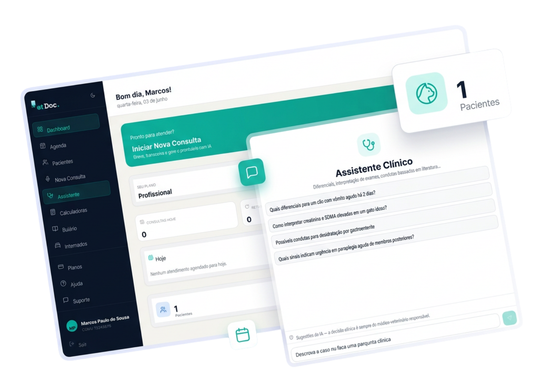 Dashboard do VetDoc com prontuário e assistente clínico